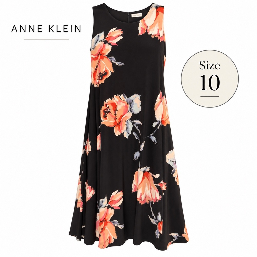 Anne Klein Size Large Women's A-Line Floral Dress Black Coral Sleeveless